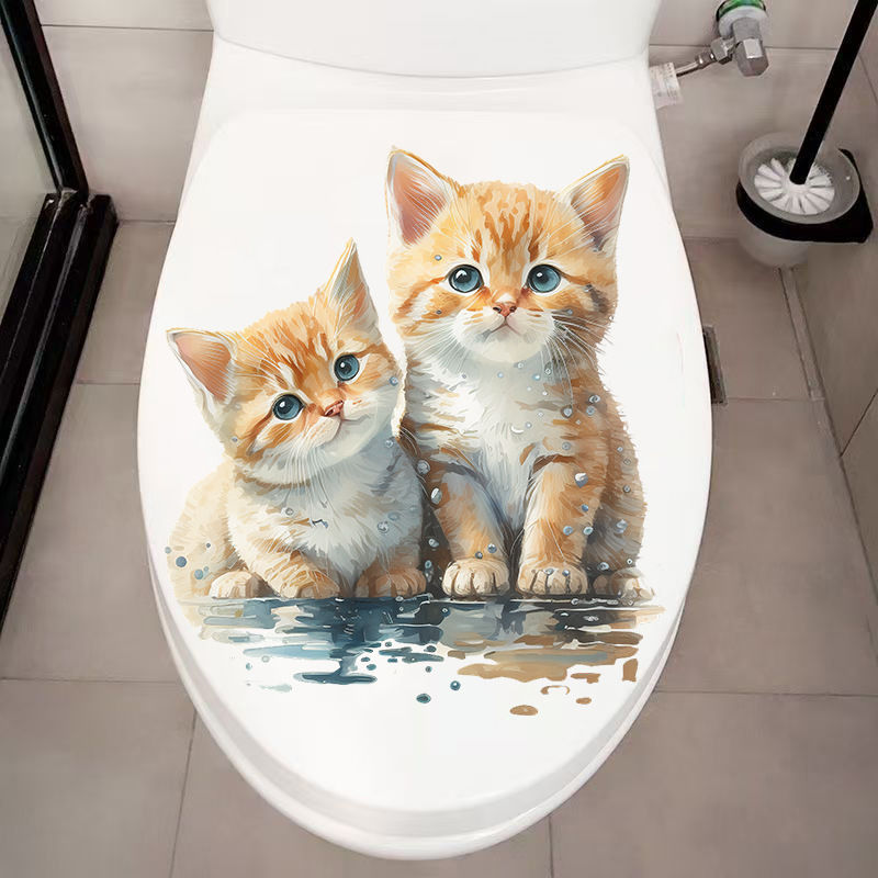 Two Cute Cats Wall Sticker Bat - Home Bathroom With Two Toilets 评论和价格