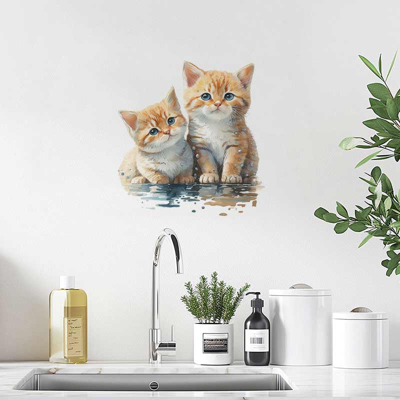 Two Cute Cats Wall Sticker Bat - Home Bathroom With Two Toilets 评论和价格